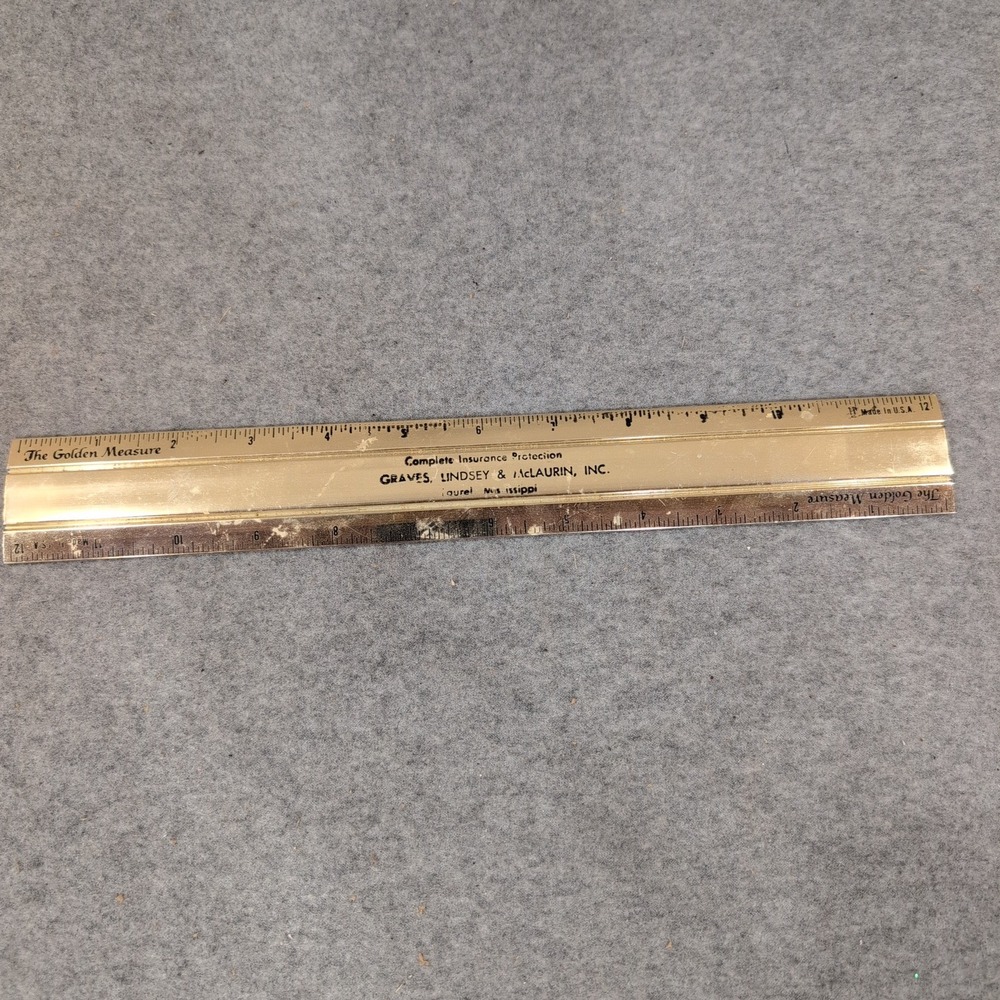 Vintage The Golden Measure 12 Inch Metal Ruler Graves Lindsey Laurel MS Gold - Picture 1 of 3